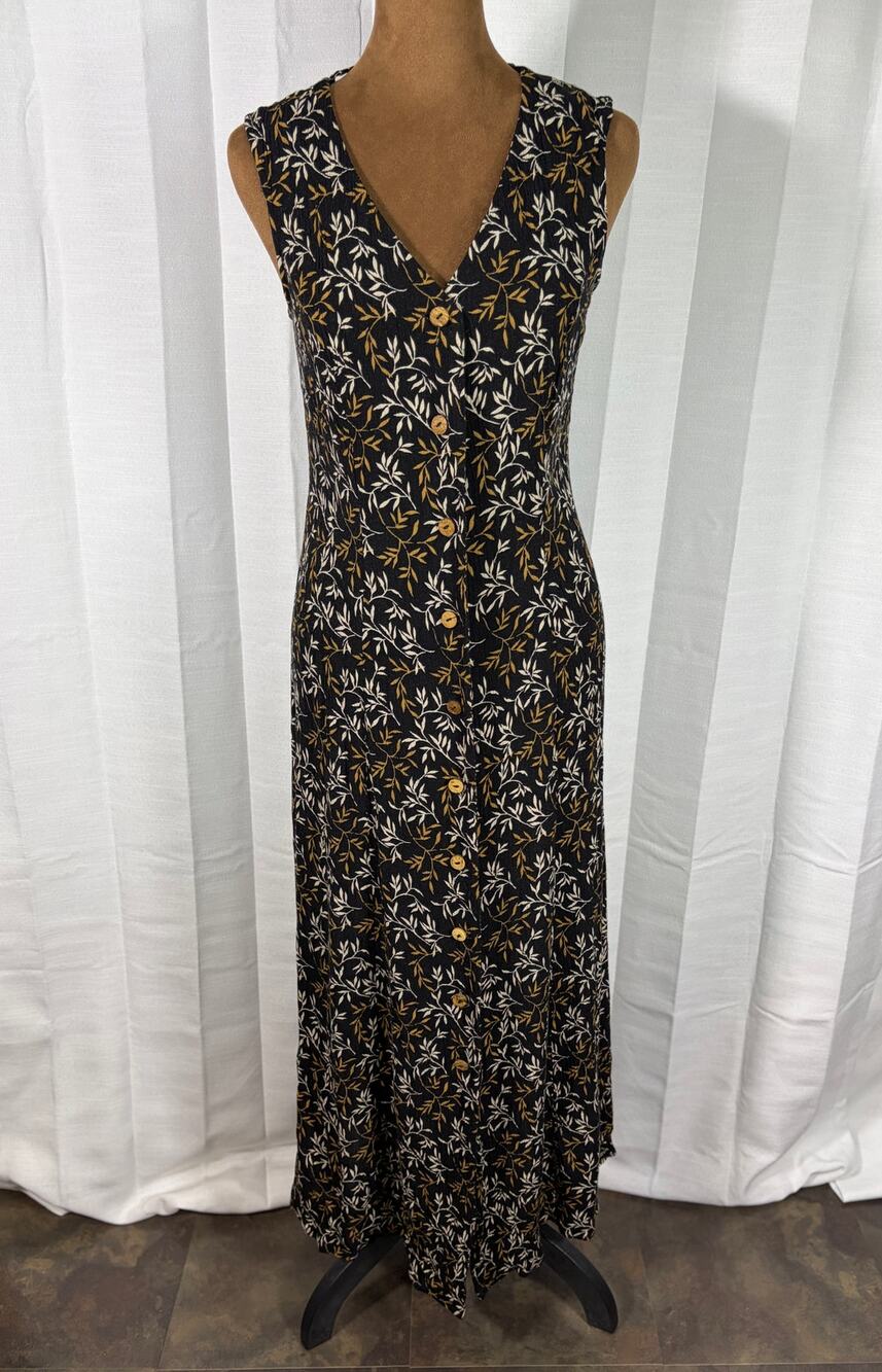 Miss Scarlett Black Botanical Maxi Dress Size 6 Button Front Crisscross Back